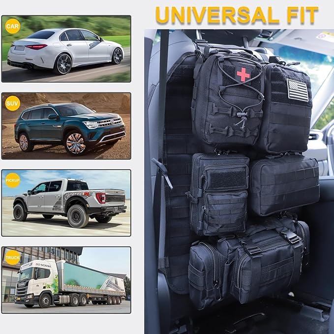 Universal Tactical Car Seat Back Organizer Bag Tactical Molle Vehicle Organizers Panel Vehicle Protector Organizers with 5 Detachable Pouches for Car (Upgraded A black)