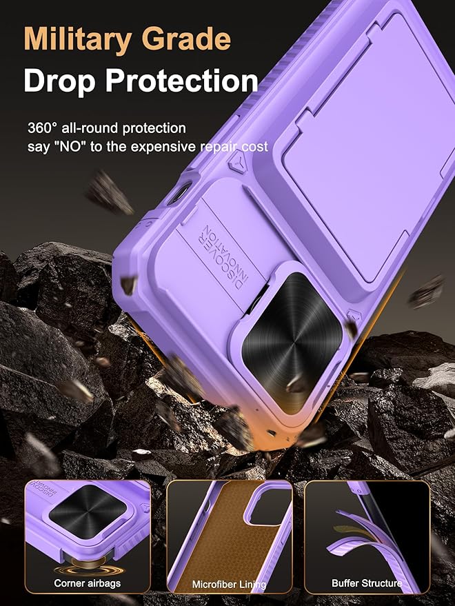 Vihibii for iPhone 15 Pro Max Wallet Case with Card Holder (4 Cards) & Slide Lens Cover & Stand, Shockproof Rugged Hard Back & Raised Edges Protection Case for iPhone 15 Pro Max, 5G 6.7", Light Purple