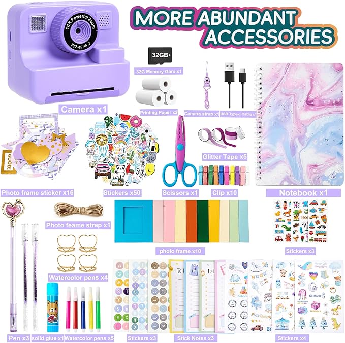 Kids Instant Print Camera, 1080P Selfie Video Camera with DIY Journal Kit – 200+ Accessories, Christmas & Birthday Gifts for Girls & Boys Ages 3-12 (Purple)