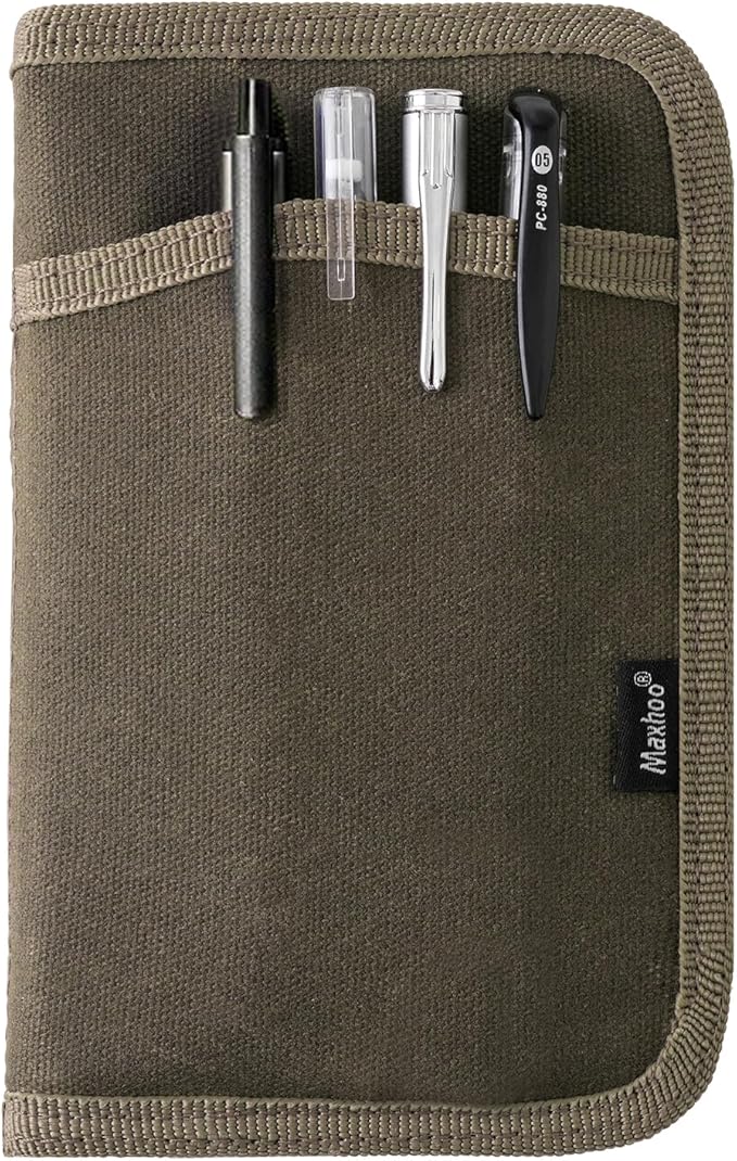 Journal Cover for Field Notes & Moleskine Cahier 3.5 x 5.5, Waxed Canvas Notebook Planner Sketchbook Cover with Zipper Pen Holder (Olive)