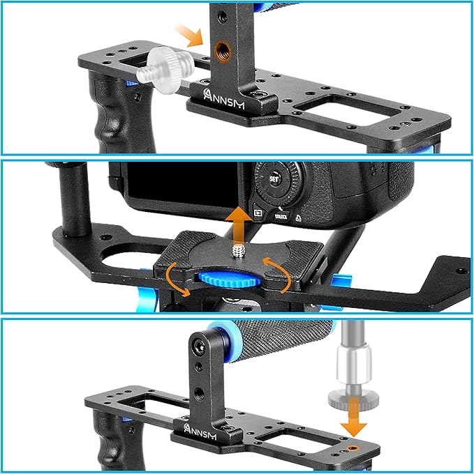 Camera Cage Aluminum Movie Filmmaking Video Rig with Top Handle/Dual Side Grips/and Std 15mm Rail Rods for Canon EOS R5C R5 R6 Sony A7 Series A6600 Nikon