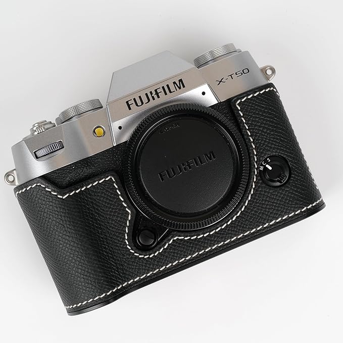 Uchandmade Handmade Genuine Leather Camera Half Case for Fujifilm X-T50/Fujifilm X-T50 Camera Case/Fujifilm X-T50 Case - Top Layer Cowhide Body + Metal Base Plate (89 Black & White Link)