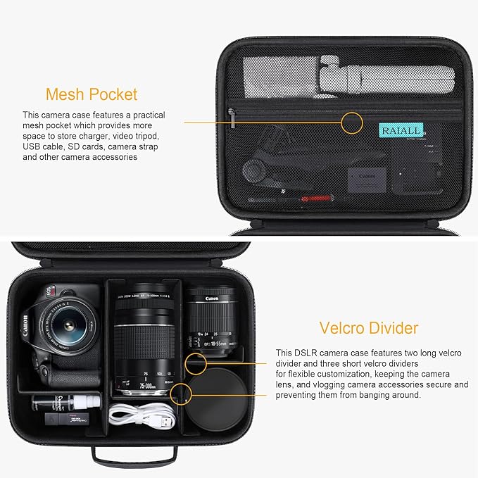 RAIALL Camera Case for Canon EOS Rebel T7/R50/R50V/R100/R6 Mark II/R5/ R8/R10/RP/R7/Sony/Nikon D7500 DSLR Camera, Lens, Tripod, Hard Protective Travel Bag with a Shoulder Strap and 5 Dividers, Black