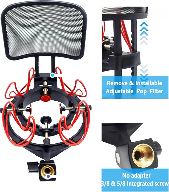 Universal Microphone Shock Mount with Pop Filter for Condenser Microphones Size at 21-62mm Anti-Vibration Mic Holder Clip(Red)