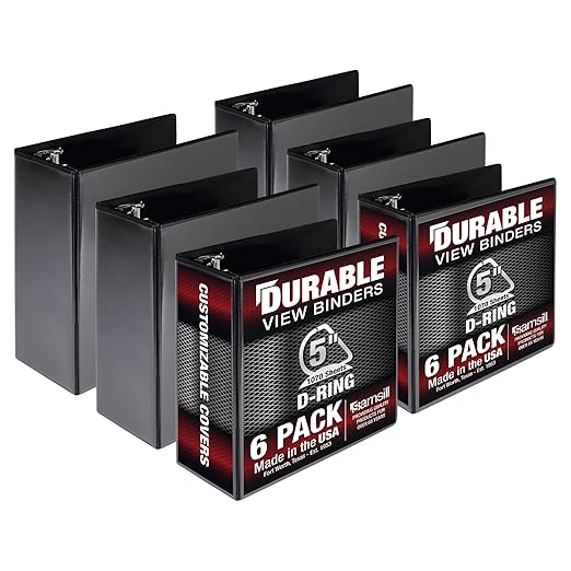 Samsill Durable 5 inch 3 Ring Binder, Made in USA, Locking D Ring FSC 100% Recycled Chipboard, Black, 6 Pack