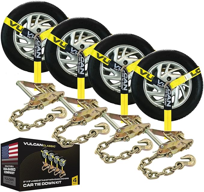 VULCAN Car Tie Down with Chain Anchors - Lasso Style - 2 Inch x 96 Inch - 4 Pack - Classic Yellow - 3,300 Pound Safe Working Load