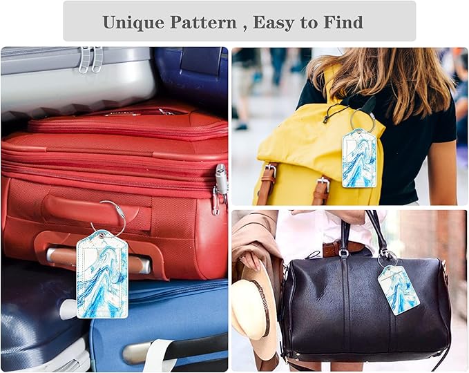 (Set of 2) Luggage Tag Leather Privacy Cover ID Label Address Card with Stainless Steel Loop, Travel Bag Tags Suitcase Labels, Blue Marble