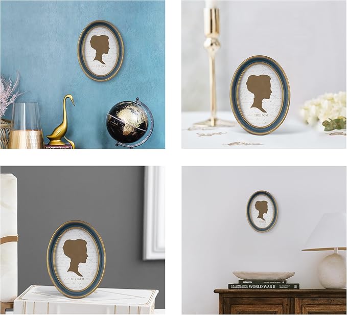 AELS 4x6 Inch Vintage Picture Frame, Elegant Antique Photo Frames with Glass Front, Photo Display, Tabletop Wall Hanging, Gift Ideas, Blue Oval with Gold Trim