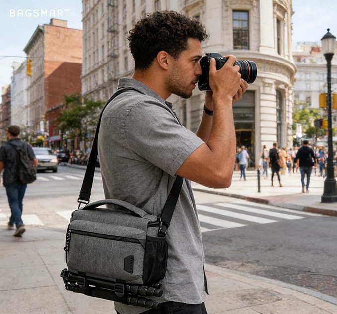 BAGSMART Small Camera Sling Bag for Photographers, Compact Camera Shoulder Bags for DSLR/SLR/Mirrorless Cameras, Waterproof Crossbody Camera Case with Tripod Holder, Grey