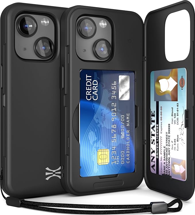 TORU for iPhone 15 Wallet Case with Card Holder, Hidden ID Credit Card Slot Flip Kickstand, Slim Fit Shockproof Heavy Duty Phone Cover with Strap - Black