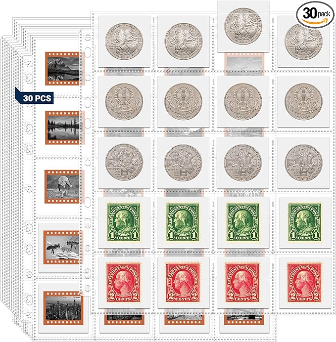 ENPOINT 30 Pack Protective Photo Slide Pages, 35mm Slide Storage Pages, 600 Pockets 2x2 Top Loading Coin Sleeves, Cardboard Coin Holder Sleeves, Stamp Collecting Supplies for 3 Ring Binder