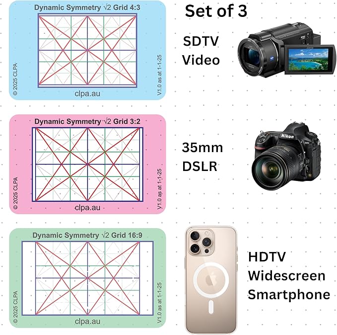 CLPA Dynamic Symmetry Root 2 - Directors and Artists Camera and Drawing Viewfinder: Credit Card-Sized Composition Grids for Video, Photography & Art - Set of 3 View Finders in 4:3, 3:2, & 16:9