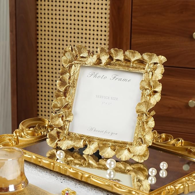 Cuspin 5x5 Picture Frame Vintage Gold Frames, Gold Ornate Leaf Textured Hand-Crafted Resin with Glass Front, Antique Square Photo Frame for Tabletop Display, Retro Design Home Decor