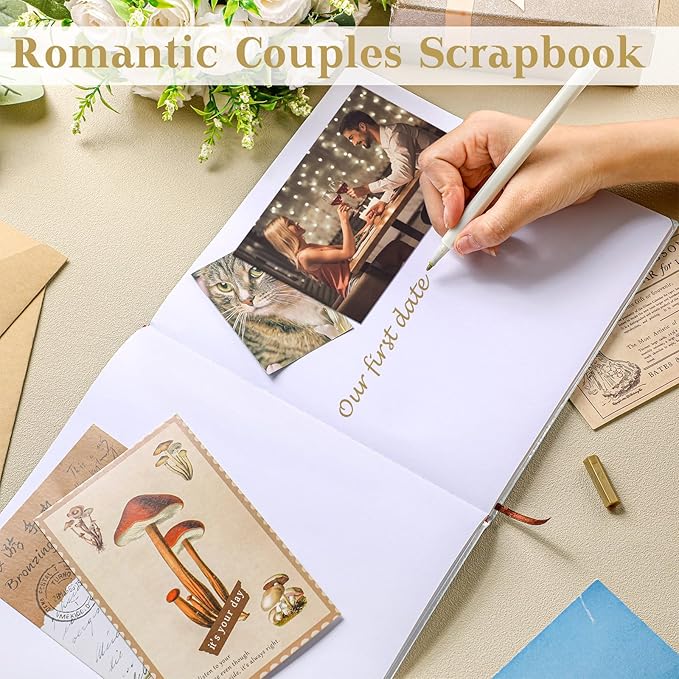 Colarr Hardcover Couples Scrapbook 144 Pages 8.7 x 8.7" Couples Photo Album Scrapbook Journal for 1 Year Wedding Memory Anniversary Photo Book Gift with 2 Markers(White)