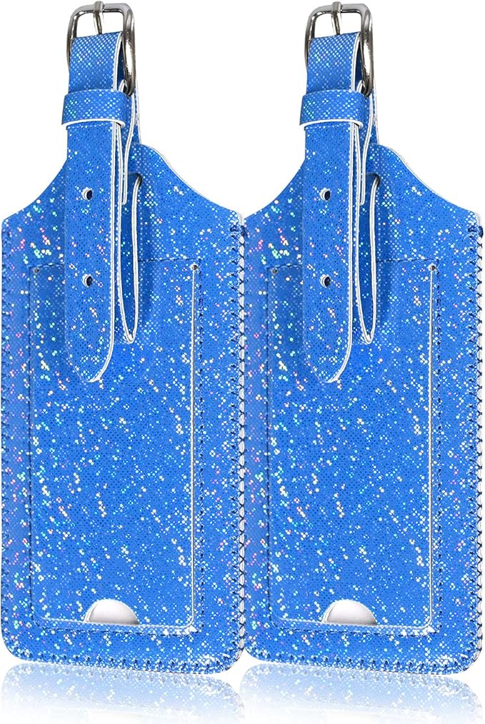 ACdream Luggage Tags 2 Pack, Leather Suitcase Tags Identifiers, Cute Cruise ID Labels with Privacy Cover fits on Backpack, Travel Bag, for Women, Men, Adults, Kids, Royal Blue Glitter