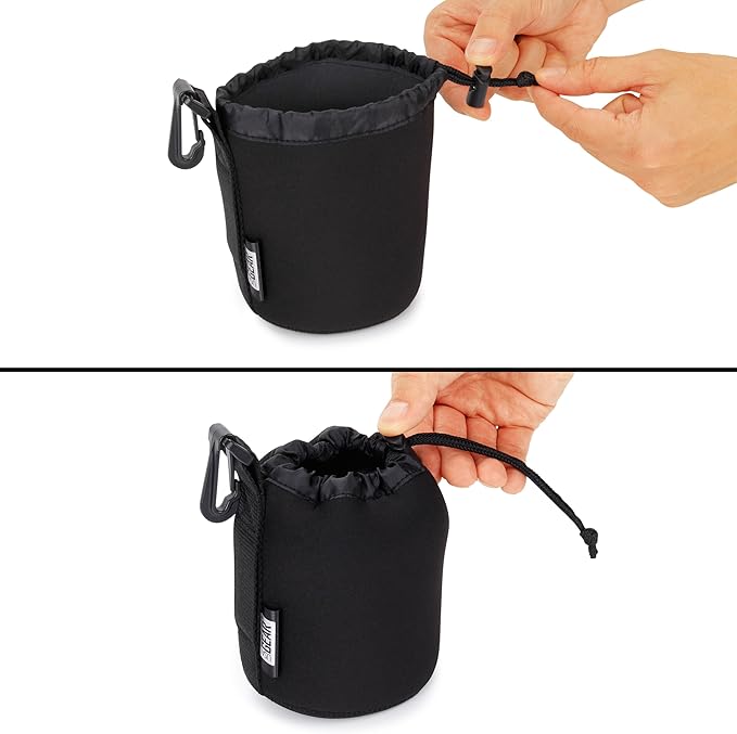 USA Gear FlexARMOR Protective Neoprene Lens Case Pouch Set 3-Pack - Small, Medium and Large Cases with Drawstring Opening, Attached Clip, Reinforced Belt Loop (Black)