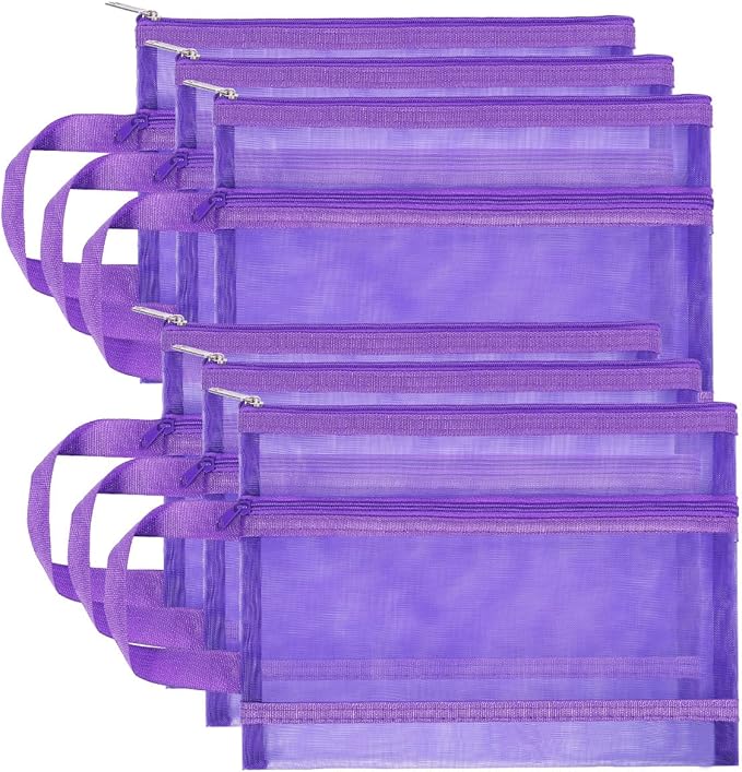 Fassave 6 Pack Mesh Zipper Pouch Bags, Double Layer Nylon Pouch with Handle for Office Travel Organization (Purple, A4)