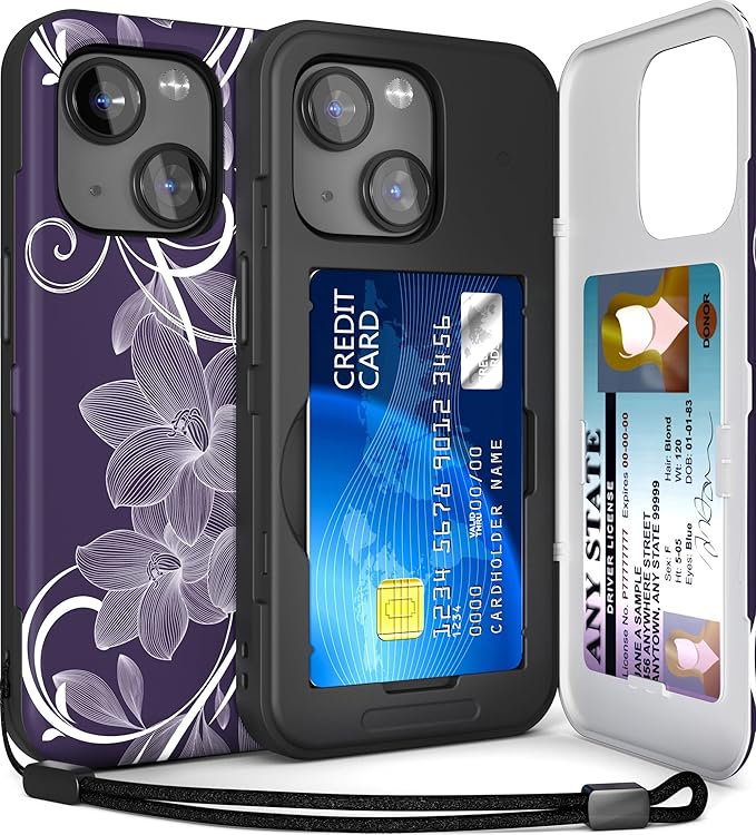 TORU for iPhone 15 Wallet Case with Card Holder, Hidden ID Credit Card Slot Flip Kickstand, Slim Fit Shockproof Heavy Duty Phone Cover with Strap - Floral Pattern Flowers