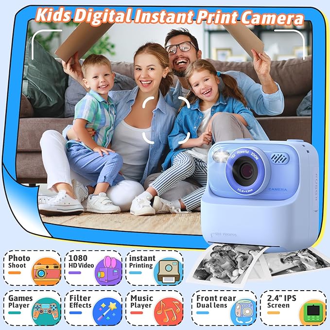Kids Instant Digital Cameras for Boys and Girls, 1080P HD Dual-Lens Selfie Digital Camera with Print Paper & 32G Card, Christmas Birthday Gifts Toys for Toddler and Teenagers Age 3-16 Years Old