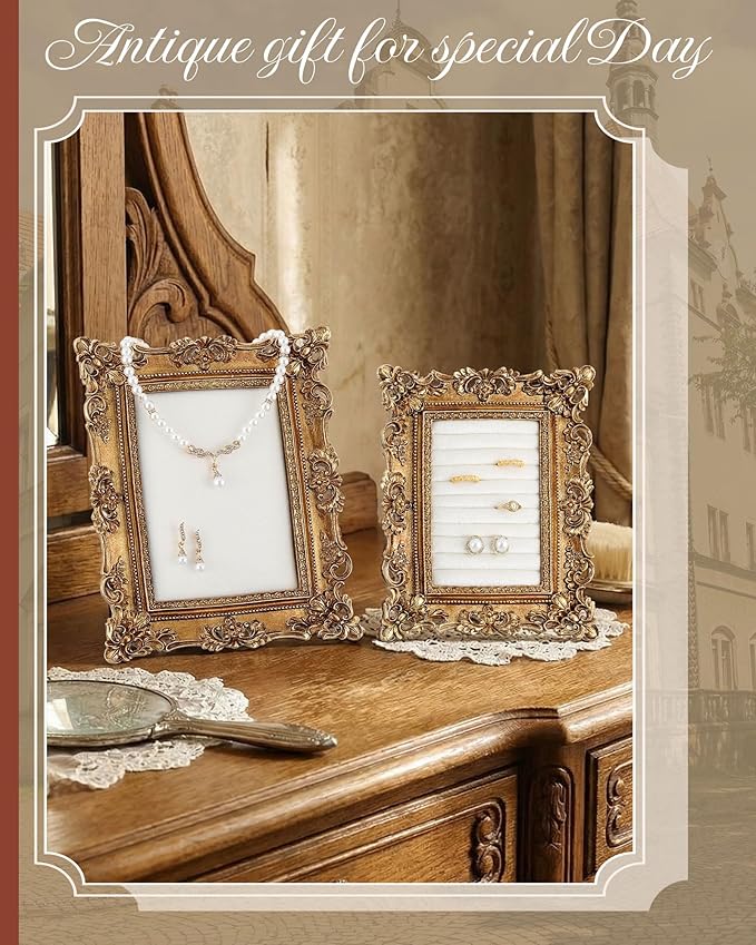 2 Pcs Gold Jewelry Display Stand Vintage Necklace Organizer Ring Holder Earring Tray Resin Jewelry Photography Props Frame with Velvet Backing for Gifts (White,Large,Small,Hollowed out)