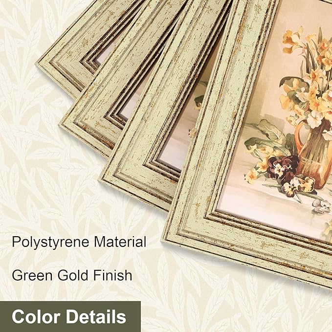 Vittanly 8x10 Picture Frame Set of 4, Vintage Photo Frame for Wall or Tabletop, Display 5x7 Pictures with Mat or 8x10 without Mat, Rustic Farmhouse Home Decor, Green Gold