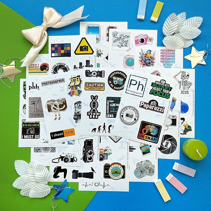 BulbaCraft 100Pcs Photography Stickers, Camera Stickers for Water Bottles, Laptop, Scrapbooking, Planners — Photographer Gifts Women, Camera Gifts for Photographers Women & Men