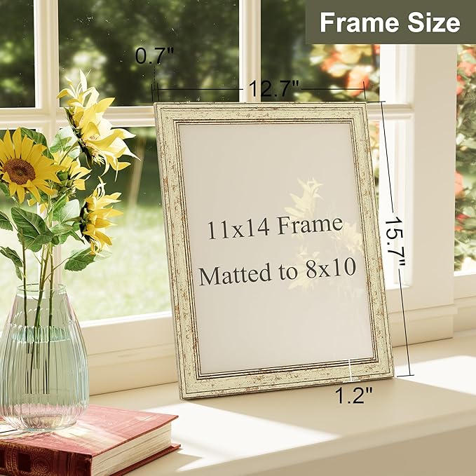 Vittanly 11x14 Picture Frame Set of 4, Vintage Photo Frame for Wall Mount, Display 8x10 Pictures with Mat or 11x14 without Mat, Rustic Farmhouse Home Decor, Green Gold