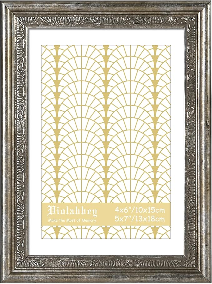 VIOLABBEY 5x7 Silver Picture Frame, Display 4x6 Photo with Mat or 5x7 without Mat, Ornate Vintage 5 x 7 Frame for Wall Decor or Tabletop Display, Silver