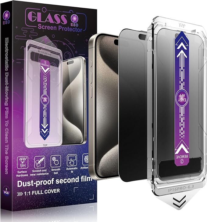 SHANG PIN JIA 2 Pack Matte Privacy Screen Protector for iPhone 17&16 Pro 6.3-Inch Auto Dust Removal, No Bubbles,Anti-Spy Tempered Glass Film, Easy Installation