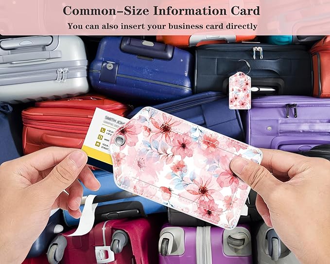 (Set of 2) Luggage Tag Leather Privacy Cover ID Label Address Card with Stainless Steel Loop, Travel Bag Tags Suitcase Labels, Misty Pink