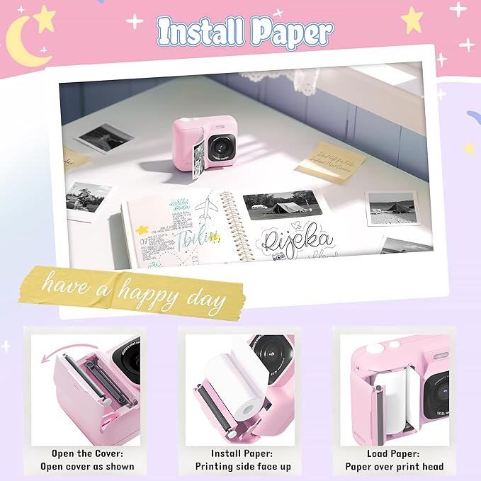 ETIKEZ Kids Camera, 1080P Instant Digital Print Camera for Kids, Christmas Birthday Gifts for 4 5 6 7 8 9 10 Year Old Girls Boys, Portable Toy with 32GB SD Card & 3 Rolls Printing Paper, Pink