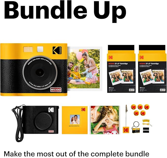 KODAK Mini Shot 3 ERA 4PASS 2-in-1 Instant Camera and Photo Printer (Black, Camera + Initial 8 Sheets + 60 Sheets + Accessories)