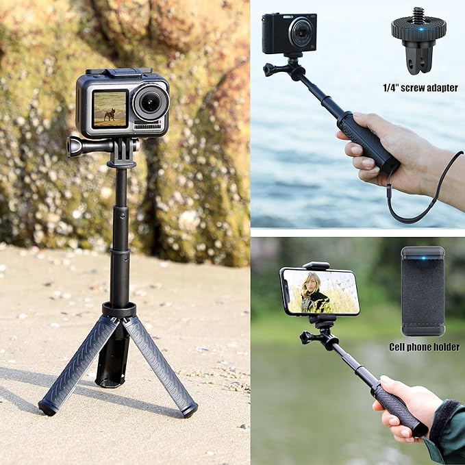 YALLSAME Mini Selfie Stick Tripod for GoPro Hero 13 12 11 10 9 8, Portable Handle Grip Action Camera Selfie Stick for DJI Osmo Action 6/5 Pro/4/AKASO Brave EK7000, Extension Pole Tripod for GoPro Max