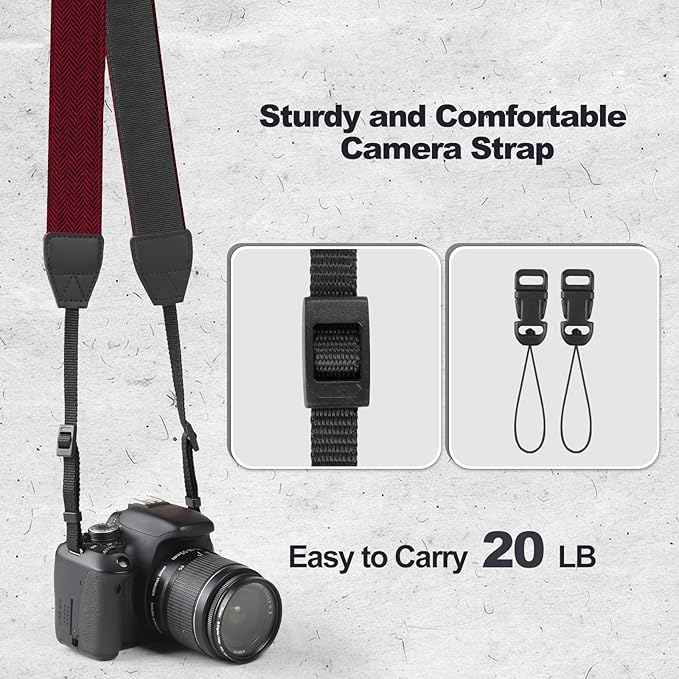 Universal Camera Strap - Camera Neck Strap, Adjustable Shoulder Straps Compatible with Canon, Fujifilm, Nikon, Olympus, Panasonic and other SLR and mirrorless cameras - Red and Black Stripes