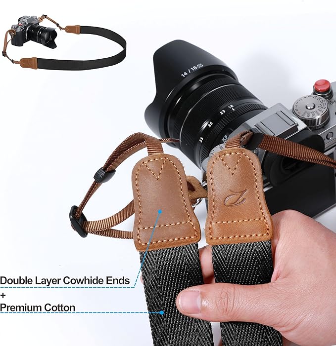 Padwa Lifestyle Black Camera Strap - Double Layer Crazy Horse Cowhide Head,1.5" Wide Pure Cotton Woven Camera Straps,Adjustable Neck Shoulder Strap for All DSLR Cameras,Great Gift for Photographers