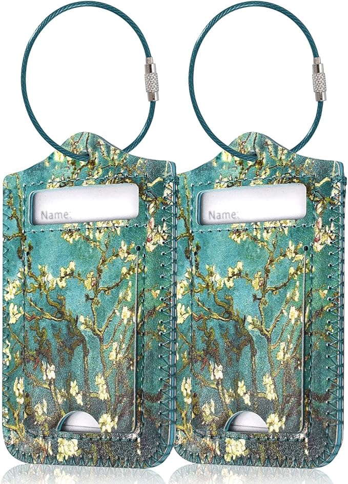 ACdream Luggage Tags 2 Pack, Leather Suitcase Tags Identifiers, Cute Cruise ID Labels with Privacy Cover fits on Backpack, Travel Bag, for Women, Men, Adults, Kids, Blossom