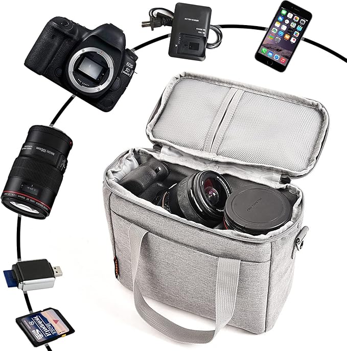 FOSOTO Camera Bag Case with Waterproof Rain Cover Compatible for Nikon D3500 D5600 D7500 D610 Canon EOS 4000D 2000D SL3 T7 M50 M6 SX530 Fujifilm X-T20,Grey