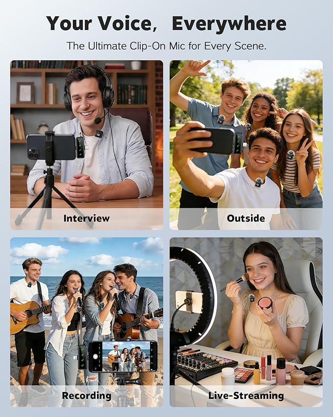 Wireless Lavalier Microphone for iPhone & Android, Upgraded Mini Microphone with Digital Display & AI Noise Reduction - 100H Charging Case, Mic for Video Recording, Vlogging, TikTok (4 Mics)
