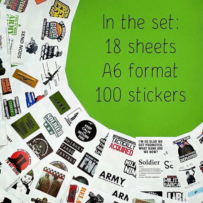 BulbaCraft 100Pcs Funny Army Stickers and Decals — Small Vinyl Military Stickers and Decals for Hard Hat & Helmets, Military or Army Gifts, Gifts for Women & Men