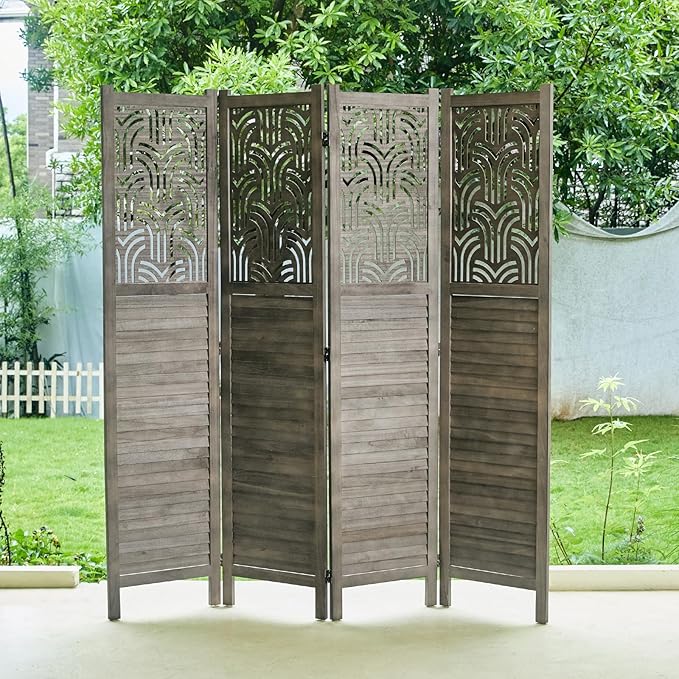 Folding Room Divider, 66.9 Inch 4 Panels Wood Carved Privacy Screens, Free Assembled Freestanding Portable Separation Wall for Home Office Restaurant Bedroom (Gray)