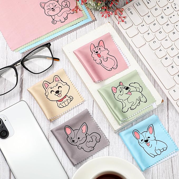 WILLBOND 20 Pcs Microfiber Cleaning Cloth Cute Dog Design Microfiber Cloth Soft Multicolor Glasses Cleaner Cloth for Eyeglasses Camera Lens Cell Phone Screens Glasses, 6 x 6 Inches