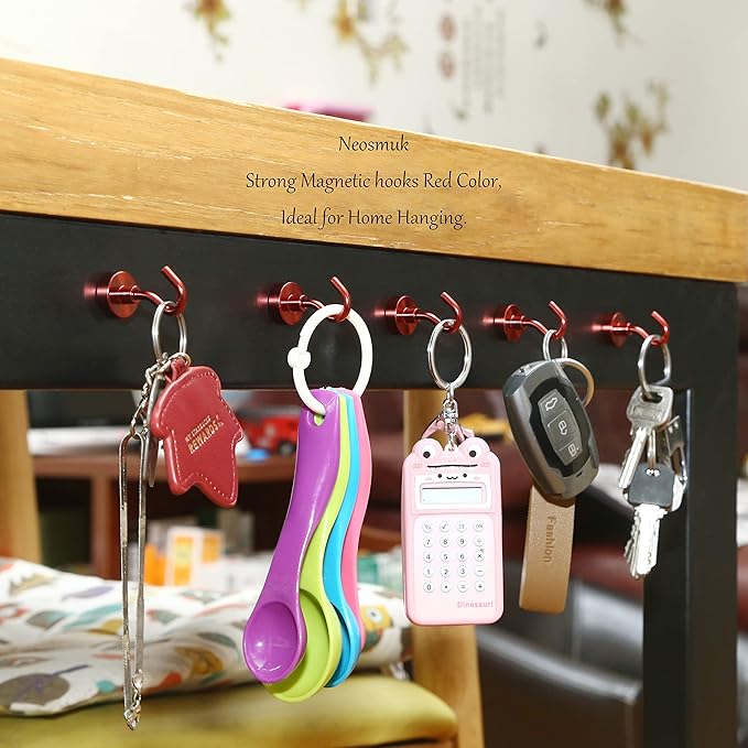 Neosmuk Magnetic Hooks, Cruise Ship Essentials, 30lb+ Heavy Duty Magnetic Hooks for Cruise Cabins, Refrigerator, Grill, Hanging, and Travel | Extra Strong Must-Haves Magnet Hook,Red,5 Pack