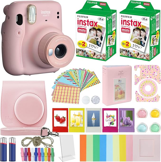 Fujifilm Instax Mini 11 Instant Camera Blush Pink + MiniMate Accessories Bundle + Fuji Instax Film Value Pack (40 Sheets) Accessories Bundle, Color Filters, Album, Frames