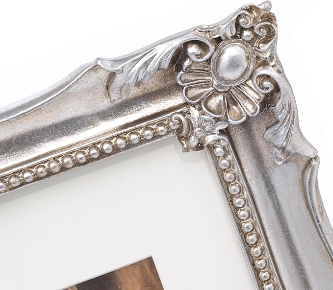 11x14 Vintage Picture Frame with Embossed Flower Design, Silver Ornate Frame for 11x14 or 8x10 Pictures with White Mat, Hand-Crafted Resin Antique Baroque Frames with Hook for Wall Mounting Display(Silver)