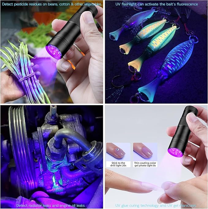 BEIKE UV Blacklight Flashlights, 12 LED 395nm Ultraviolet Blacklight (2 PCS) – Mini Portable UV Detector for Dog Urine, Pet Urine Detector Light for Stains, Bed Bugs, Resin Curing，Scorpions Finder