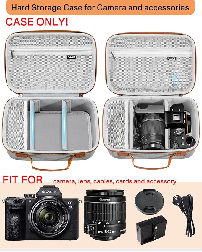 RAIACE Hard Case Compatible with Sony Alpha 7 II III IV/7R V Camera, for Nikon, for Canon, for Pentax and More. Large Capacity With Mesh Pocket for Lens, Charger, Cables, Cards and Accessories.-Gray