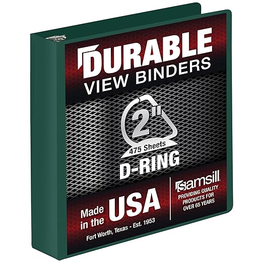 Samsill Durable 2 Inch Binder, Made in The USA, D Ring Binder, Customizable Clear View Cover, Forest Green, Holds 475 Pages