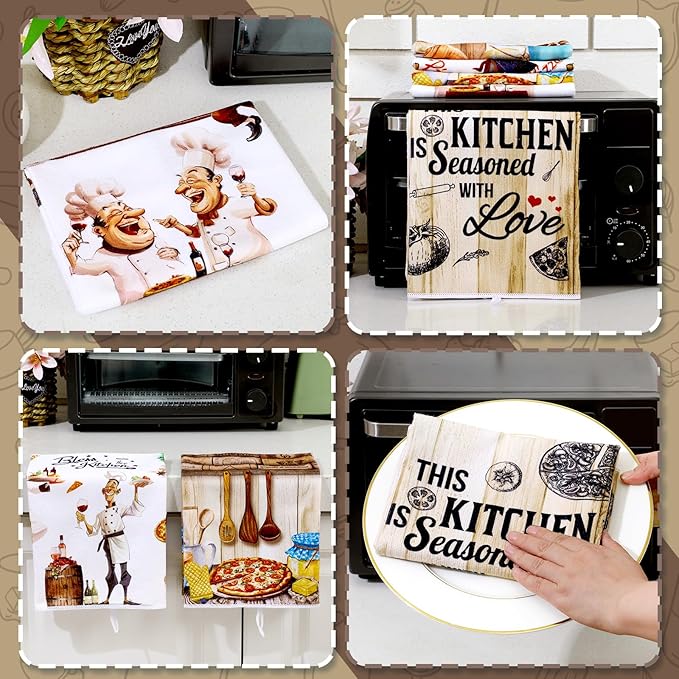 6 Pcs Funny Chef Kitchen Towels Pizza Food Dish Towers Chubby Uniformed Chef Design Christian Farmhouse Hand Clothscute for Kitchen Christmas Bathroom Decor Housewarming Gift