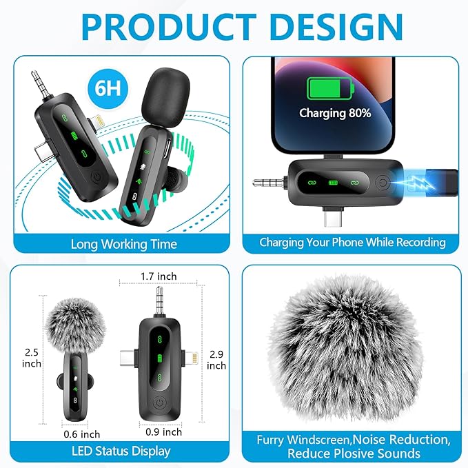 3 in 1 Mini Microphone for iPhone, Android, Camera, LED Display Wireless Lavalier Microphone for Video Recording, Clip on Lapel Lav Mics with Noise Reduction for Interview Vlog YouTube TikTok