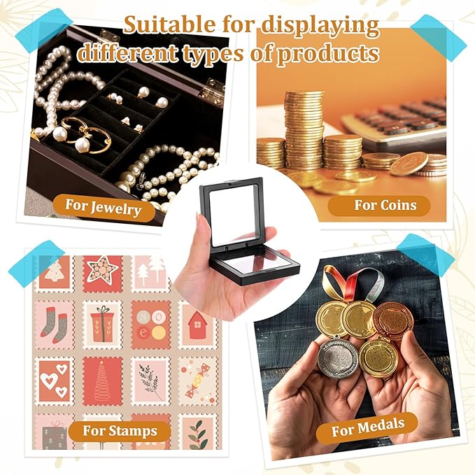 60 Pcs 3D Floating Display Case, Coin Display Case Black, 2.8 x 2.8 x 0.8 Inch Coin Frame Display-Holder Stands 3D Floating Jewelry Frame for Jewelry Shells Specimen Pins